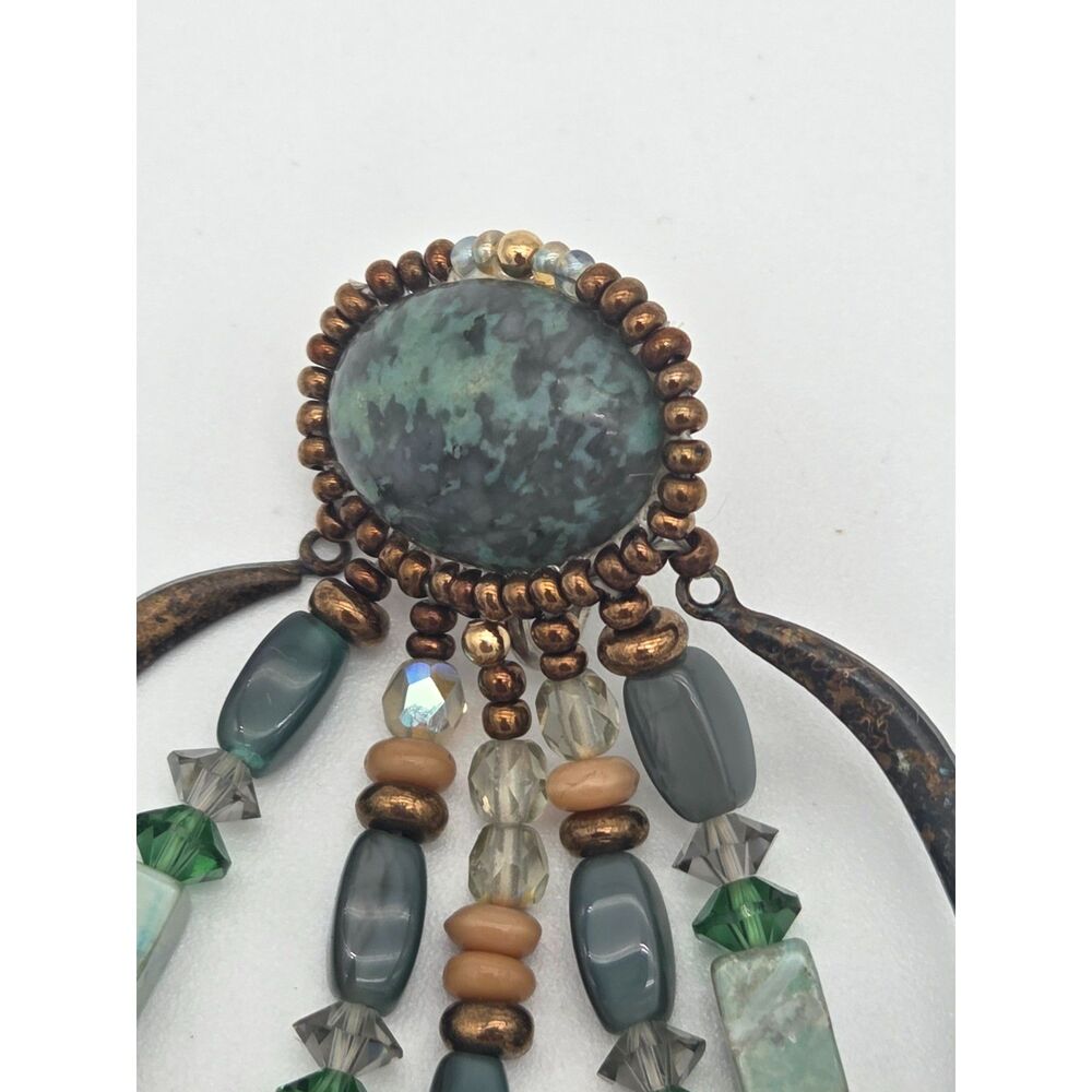 Artisan Beaded Clip On Earrings Turquoise Verdigris Dangle Statement 3.25 in - Picture 4 of 5